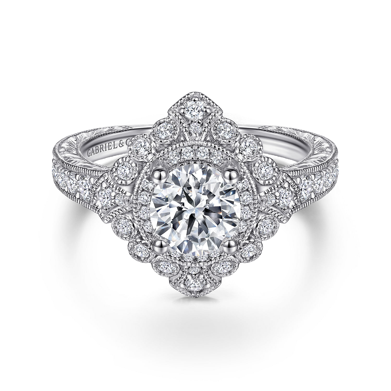 Gabriel - Vintage Inspired 14K White Gold Round Double Halo Diamond Engagement Ring
