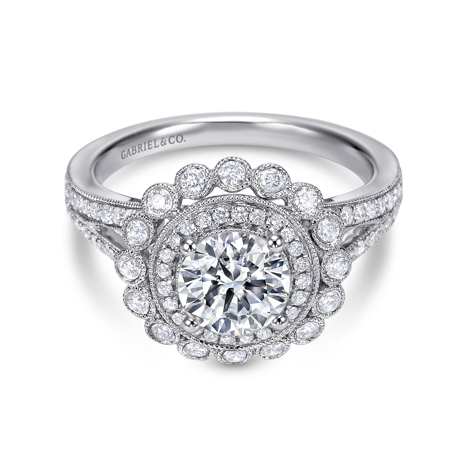 Vintage Inspired 14K White Gold Round Double Halo Diamond Engagement Ring