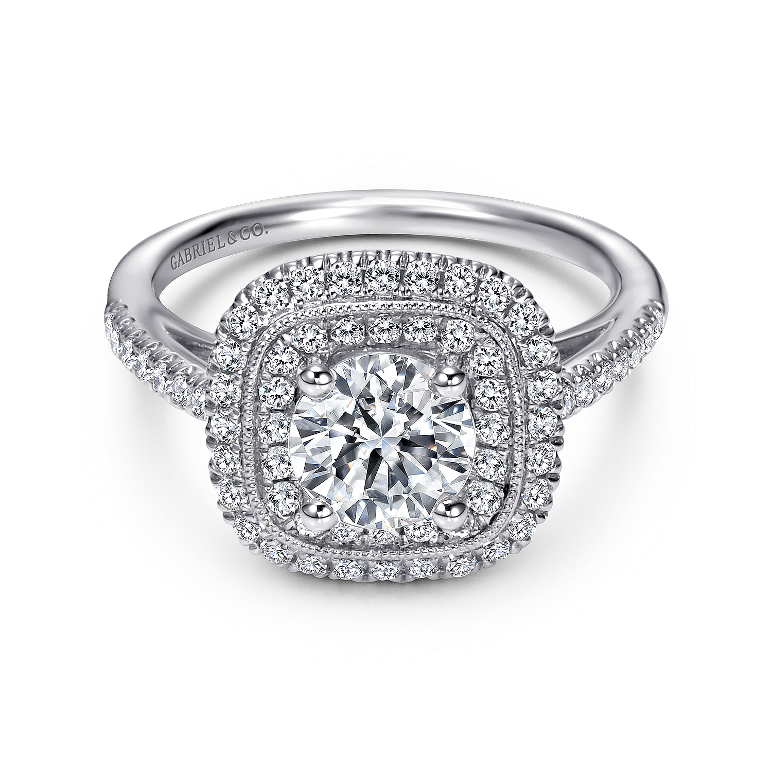 Gabriel - Vintage Inspired 14K White Gold Round Double Halo Diamond Engagement Ring