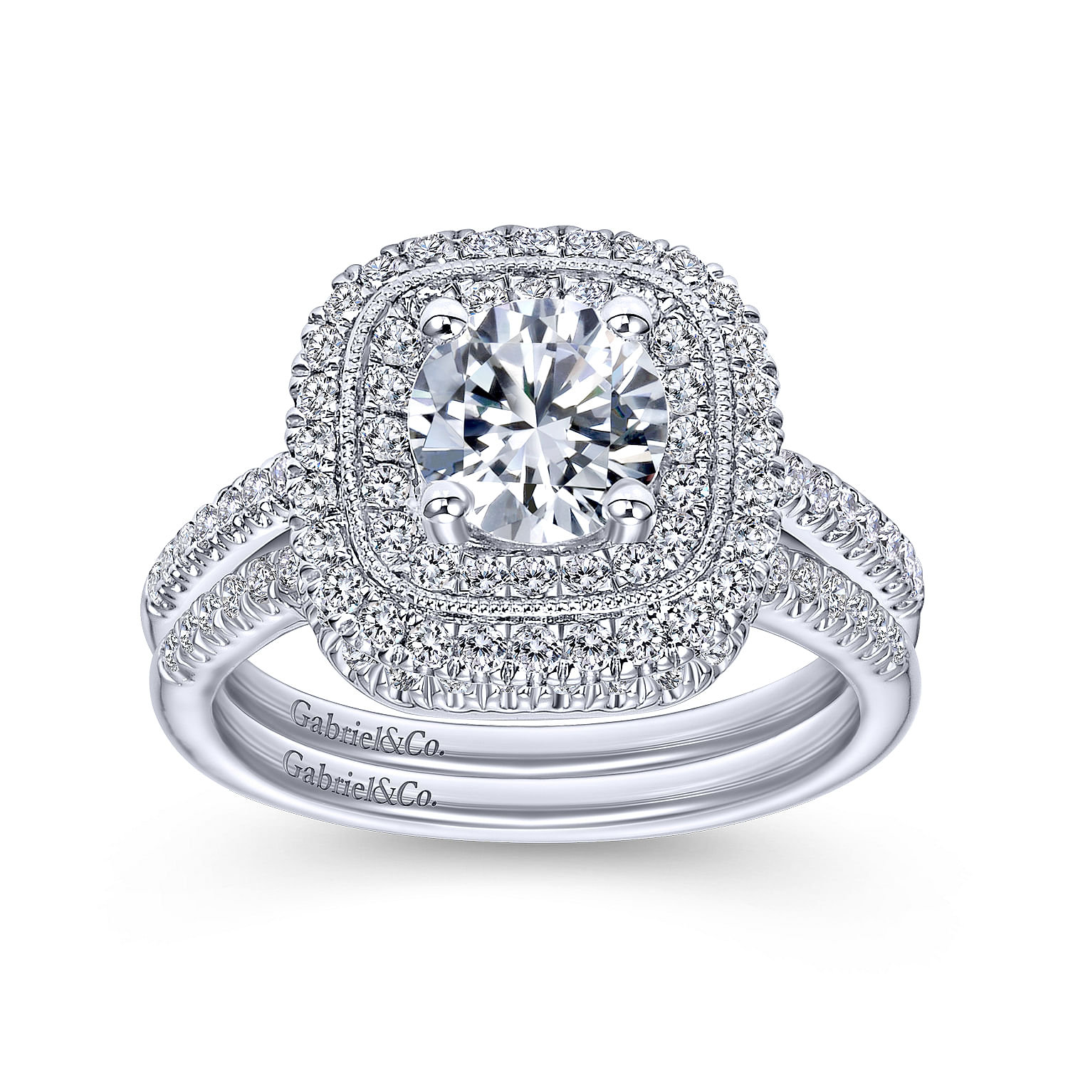 Vintage Inspired 14K White Gold Round Double Halo Diamond Engagement Ring