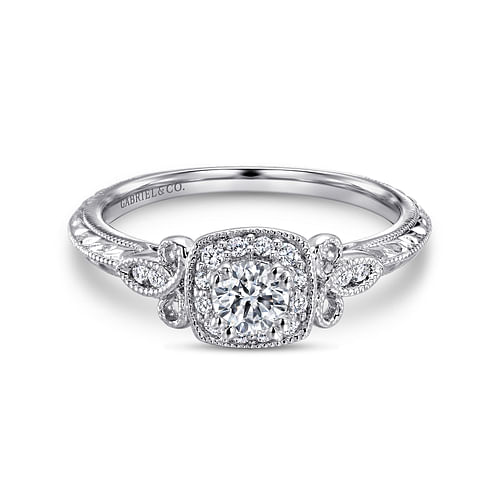Vintage Inspired 14K White Gold Round Halo Complete Diamond Channel Set Engagement Ring