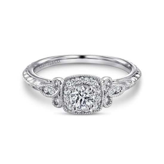 Gabriel - Vintage Inspired 14K White Gold Round Halo Complete Diamond Channel Set Engagement Ring
