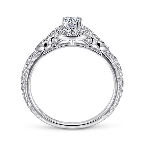 Vintage Inspired 14K White Gold Round Halo Complete Diamond Channel Set Engagement Ring