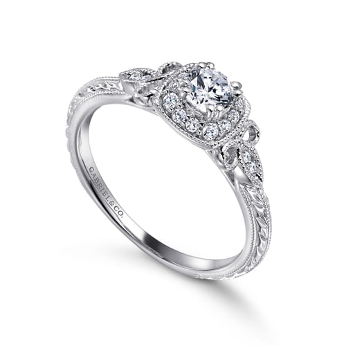 Vintage Inspired 14K White Gold Round Halo Complete Diamond Channel Set Engagement Ring