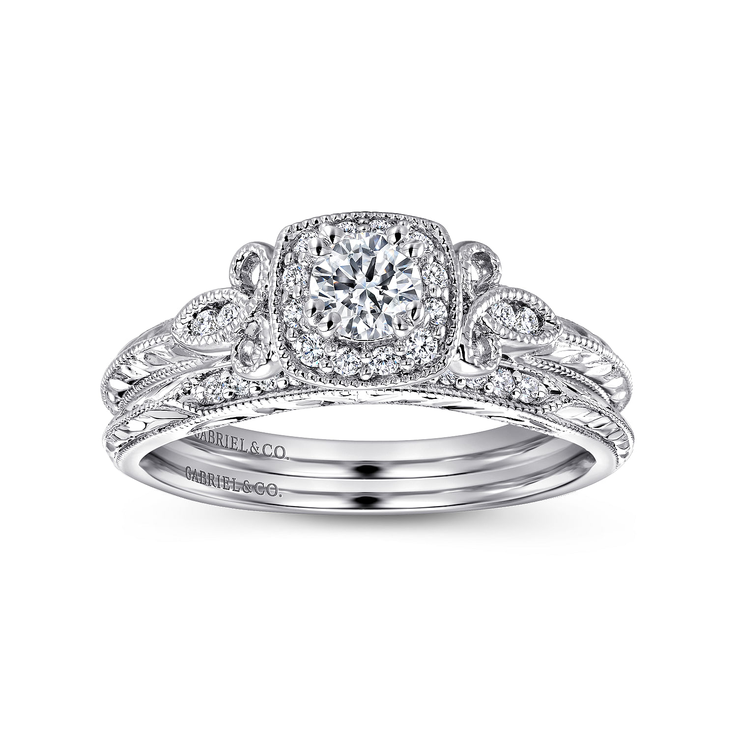 Vintage Inspired 14K White Gold Round Halo Complete Diamond Channel Set Engagement Ring