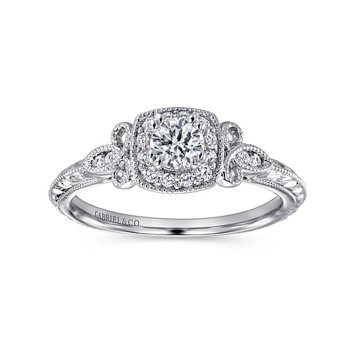 Vintage Inspired 14K White Gold Round Halo Complete Diamond Channel Set Engagement Ring