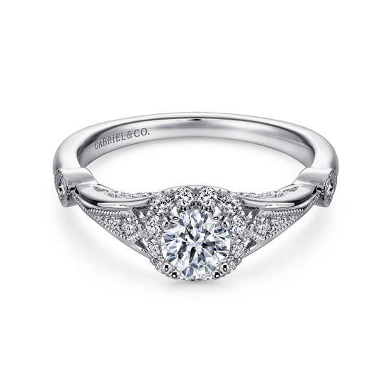 Gabriel - Vintage Inspired 14K White Gold Round Halo Complete Diamond Engagement Ring
