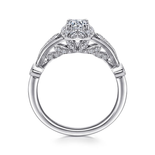 Vintage Inspired 14K White Gold Round Halo Complete Diamond Engagement Ring