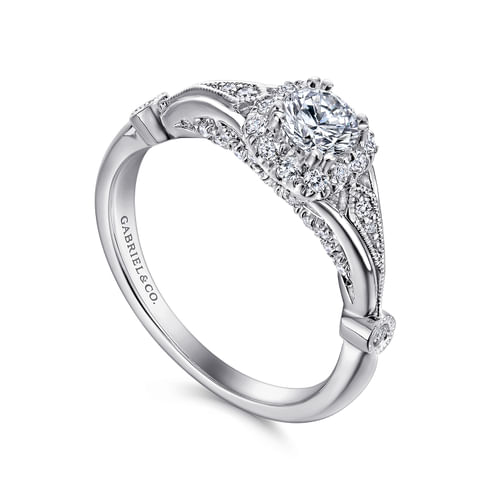 Vintage Inspired 14K White Gold Round Halo Complete Diamond Engagement Ring