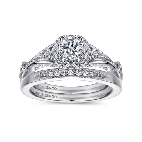 Vintage Inspired 14K White Gold Round Halo Complete Diamond Engagement Ring