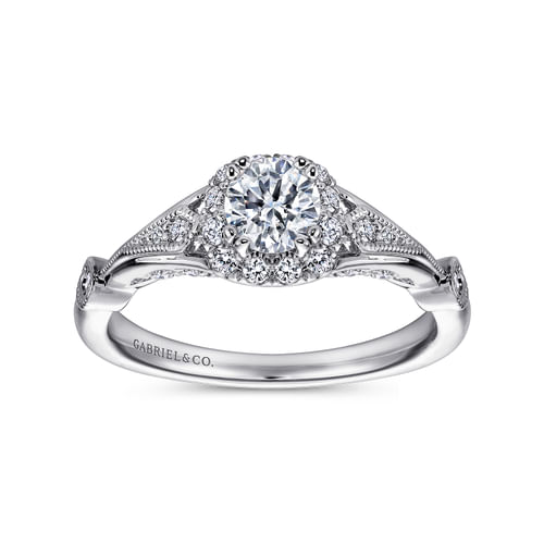 Vintage Inspired 14K White Gold Round Halo Complete Diamond Engagement Ring