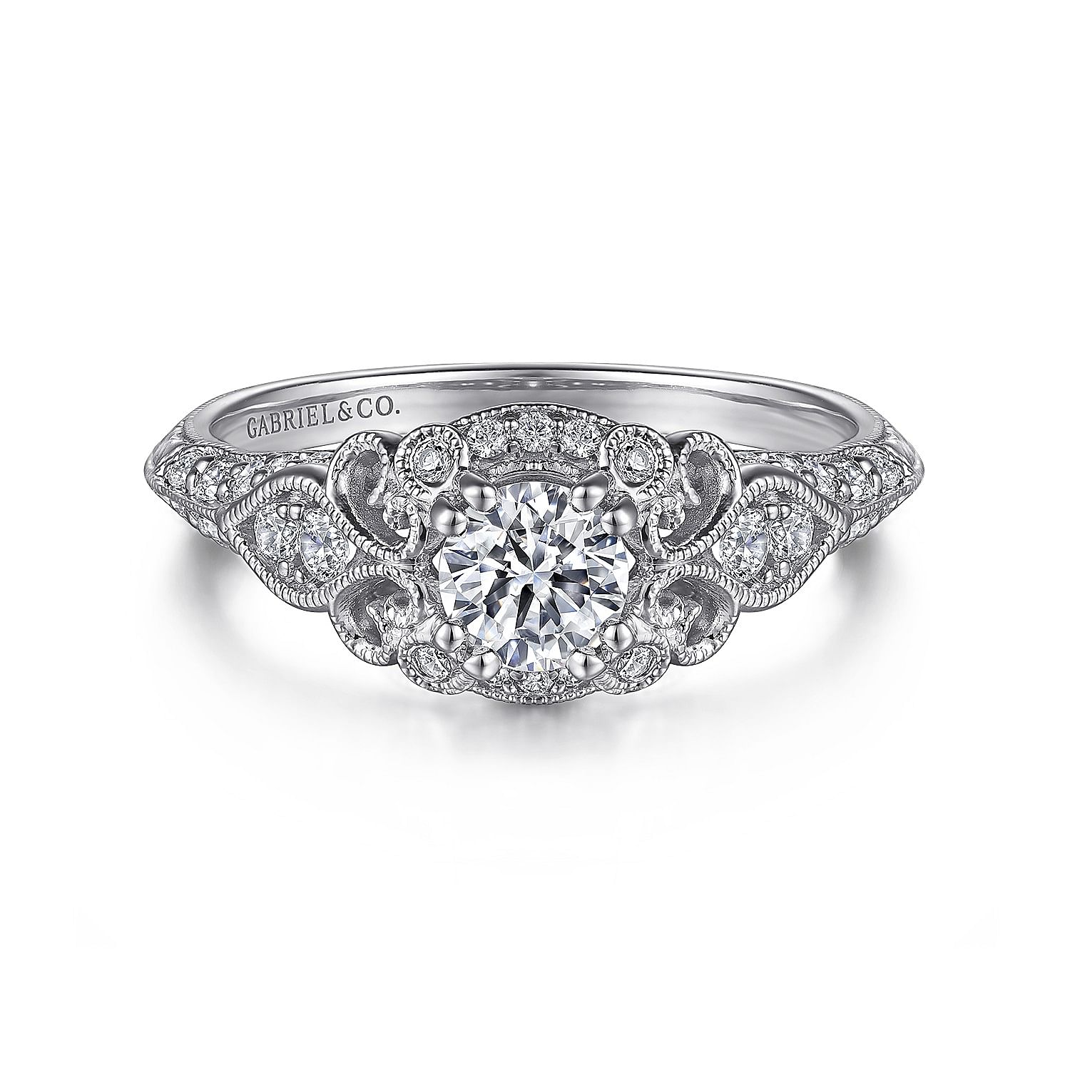 Gabriel - Vintage Inspired 14K White Gold Round Halo Complete Diamond Engagement Ring