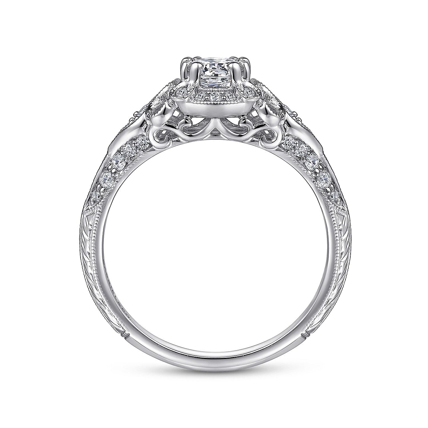 Vintage Inspired 14K White Gold Round Halo Complete Diamond Engagement Ring