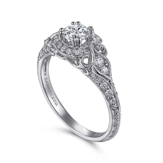 Vintage Inspired 14K White Gold Round Halo Complete Diamond Engagement Ring angle 3