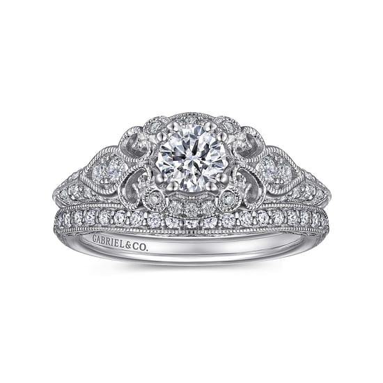 Vintage Inspired 14K White Gold Round Halo Complete Diamond Engagement Ring angle 4