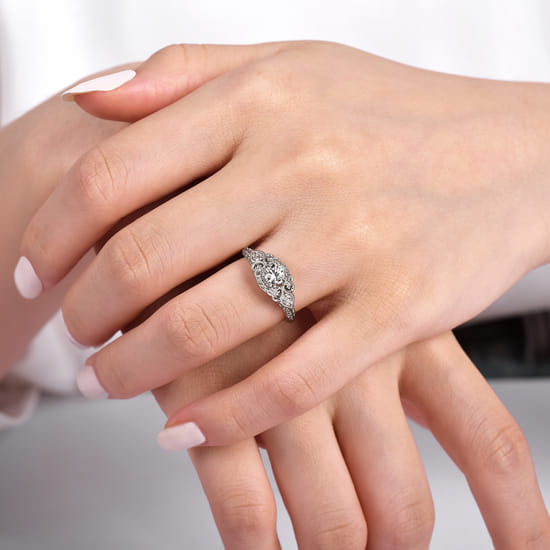 Vintage Inspired 14K White Gold Round Halo Complete Diamond Engagement Ring angle 6