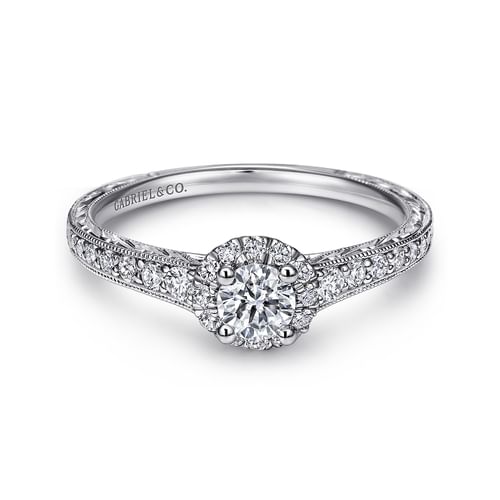 Vintage Inspired 14K White Gold Round Halo Complete Diamond Engagement Ring