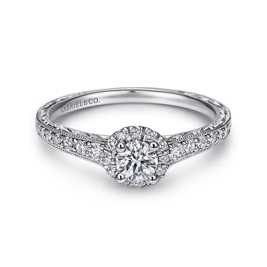 Gabriel - Vintage Inspired 14K White Gold Round Halo Complete Diamond Engagement Ring