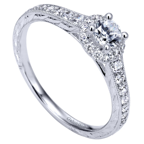 Vintage Inspired 14K White Gold Round Halo Complete Diamond Engagement Ring