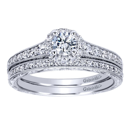 Vintage Inspired 14K White Gold Round Halo Complete Diamond Engagement Ring
