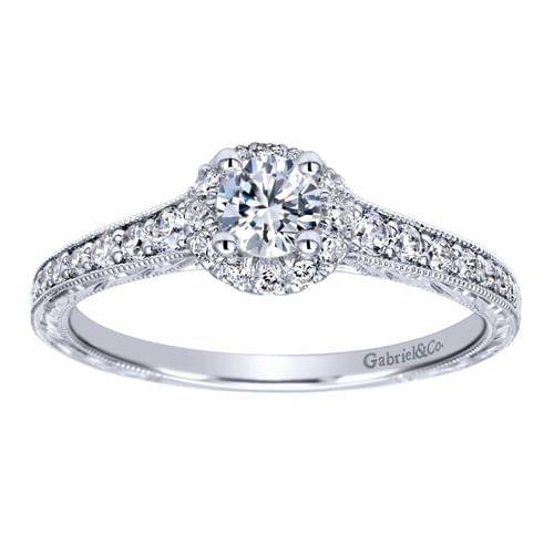 Vintage Inspired 14K White Gold Round Halo Complete Diamond Engagement Ring