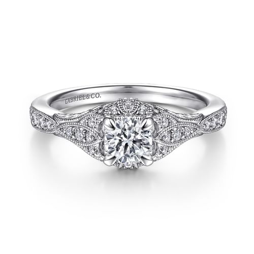 Vintage Inspired 14K White Gold Round Halo Complete Diamond Engagement Ring