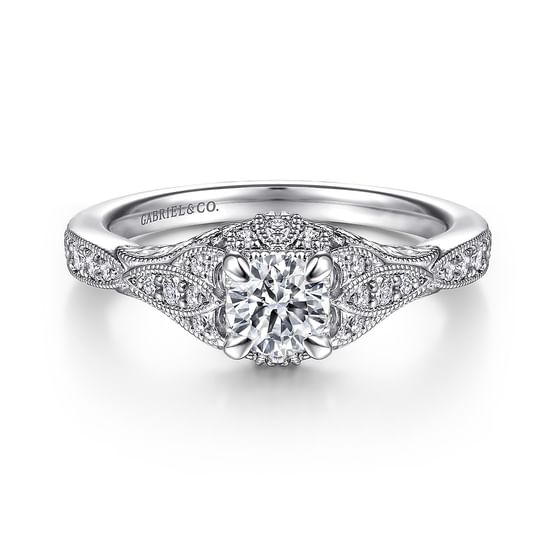 Gabriel - Vintage Inspired 14K White Gold Round Halo Complete Diamond Engagement Ring