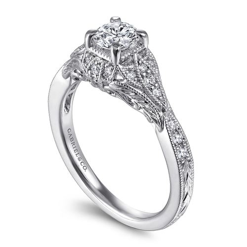 Vintage Inspired 14K White Gold Round Halo Complete Diamond Engagement Ring
