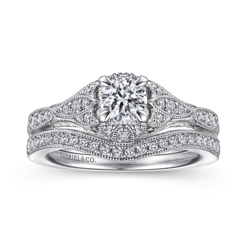 Vintage Inspired 14K White Gold Round Halo Complete Diamond Engagement Ring