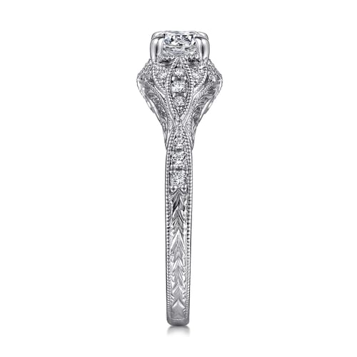Vintage Inspired 14K White Gold Round Halo Complete Diamond Engagement Ring