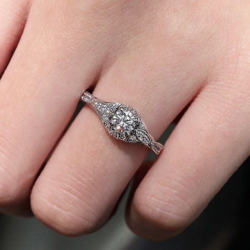 Vintage Inspired 14K White Gold Round Halo Complete Diamond Engagement Ring