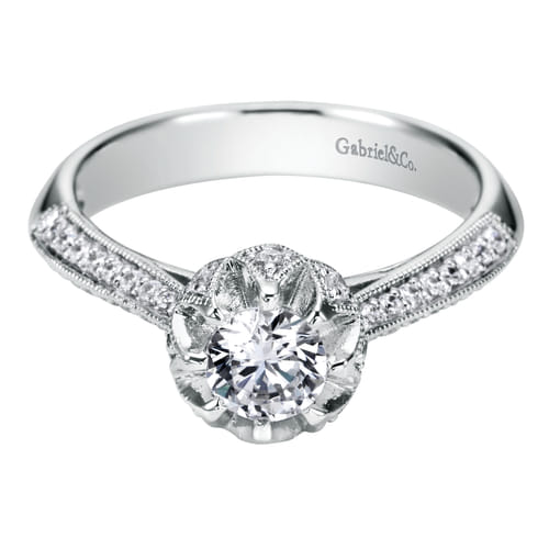 Vintage Inspired 14K White Gold Round Halo Complete Diamond Engagement Ring