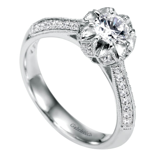 Vintage Inspired 14K White Gold Round Halo Complete Diamond Engagement Ring