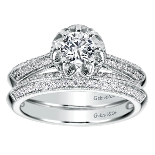 Vintage Inspired 14K White Gold Round Halo Complete Diamond Engagement Ring