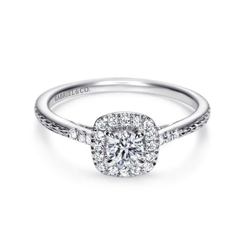 Vintage Inspired 14K White Gold Round Halo Complete Diamond Engagement Ring
