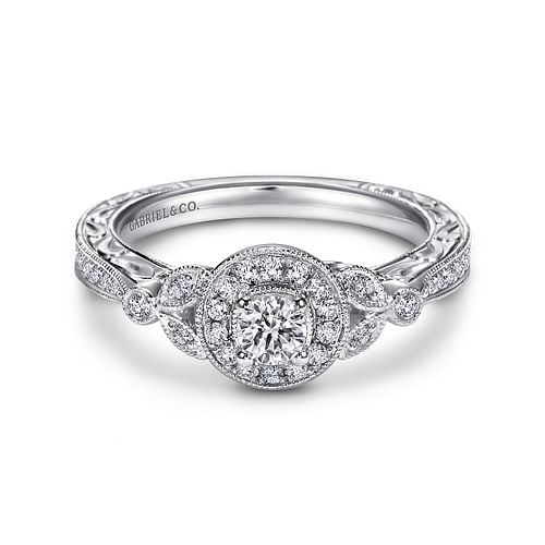 Vintage Inspired 14K White Gold Round Halo Complete Diamond Engagement Ring
