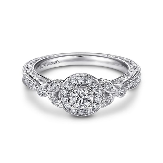 Gabriel - Vintage Inspired 14K White Gold Round Halo Complete Diamond Engagement Ring