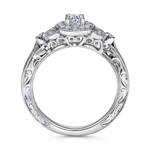 Vintage Inspired 14K White Gold Round Halo Complete Diamond Engagement Ring
