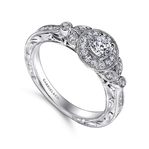 Vintage Inspired 14K White Gold Round Halo Complete Diamond Engagement Ring