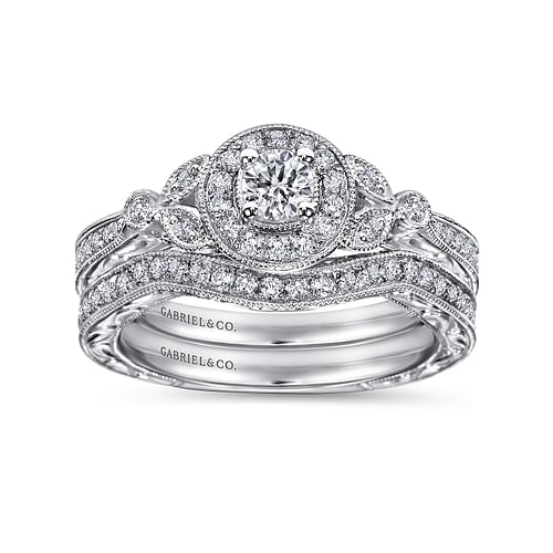 Vintage Inspired 14K White Gold Round Halo Complete Diamond Engagement Ring