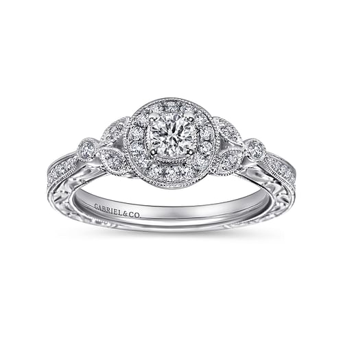 Vintage Inspired 14K White Gold Round Halo Complete Diamond Engagement Ring