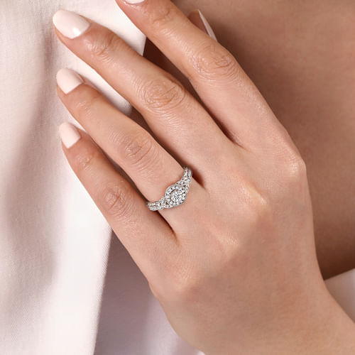 Vintage Inspired 14K White Gold Round Halo Complete Diamond Engagement Ring