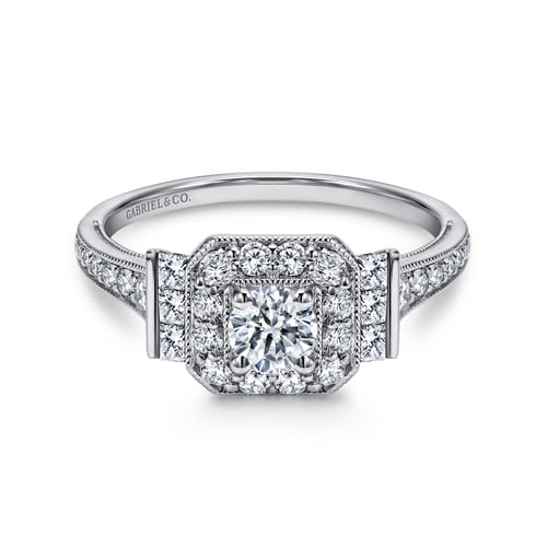 Vintage Inspired 14K White Gold Round Halo Diamond Channel Set Engagement Ring