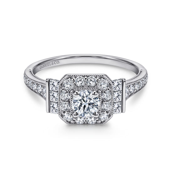 Gabriel - Vintage Inspired 14K White Gold Round Halo Diamond Channel Set Engagement Ring Gabriel - Vintage Inspired 14K White Gold Round Halo Diamond Channel Set Engagement Ring