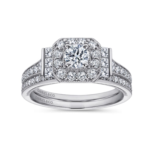 Vintage Inspired 14K White Gold Round Halo Diamond Channel Set Engagement Ring