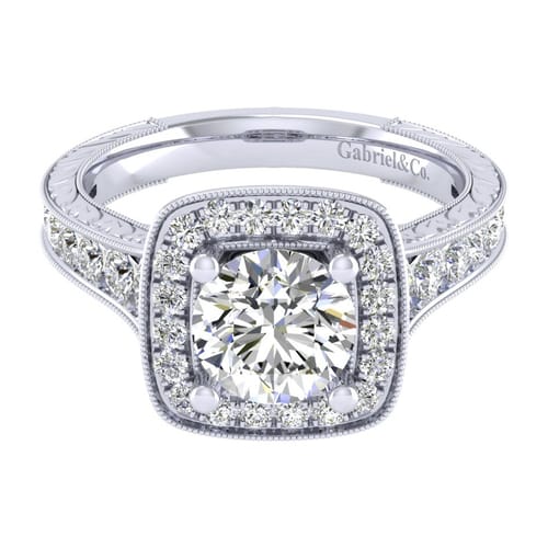 Vintage Inspired 14K White Gold Round Halo Diamond Channel Set Engagement Ring