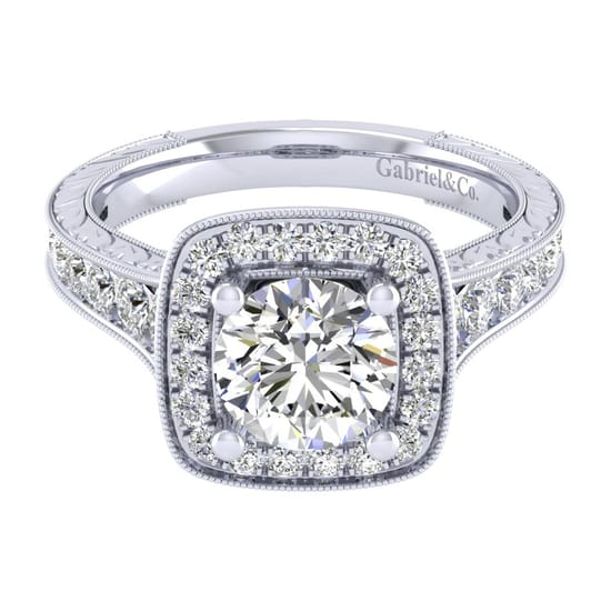 Gabriel - Vintage Inspired 14K White Gold Round Halo Diamond Channel Set Engagement Ring