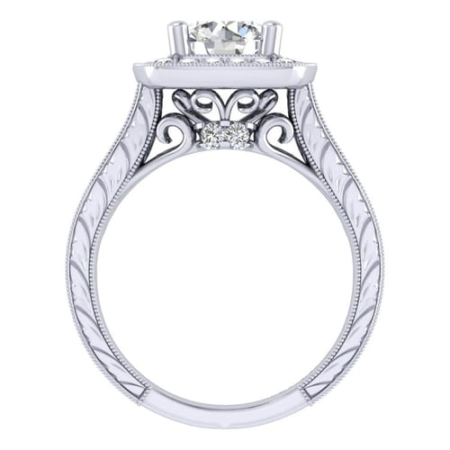 Vintage Inspired 14K White Gold Round Halo Diamond Channel Set Engagement Ring