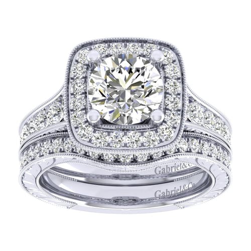 Vintage Inspired 14K White Gold Round Halo Diamond Channel Set Engagement Ring