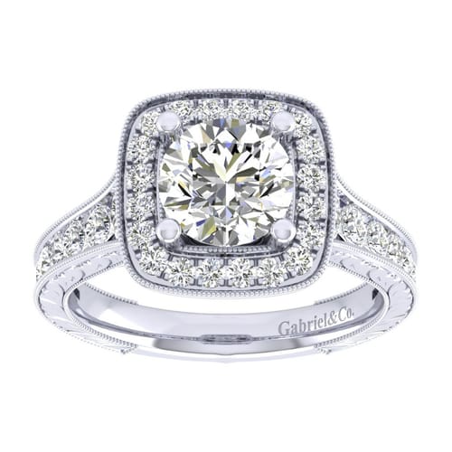 Vintage Inspired 14K White Gold Round Halo Diamond Channel Set Engagement Ring